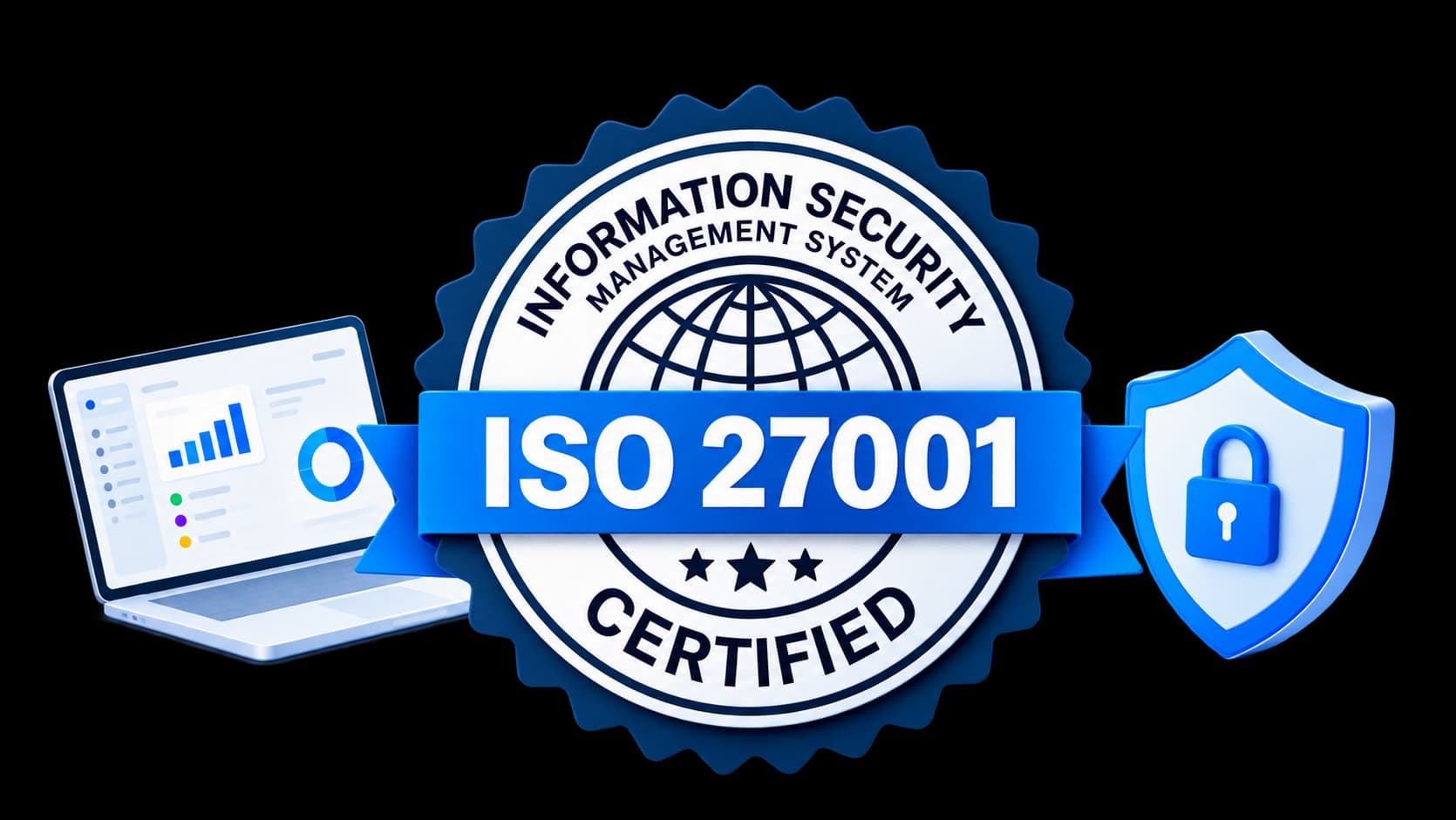 ISO 27001 certification illustration with security and dashboard elements
