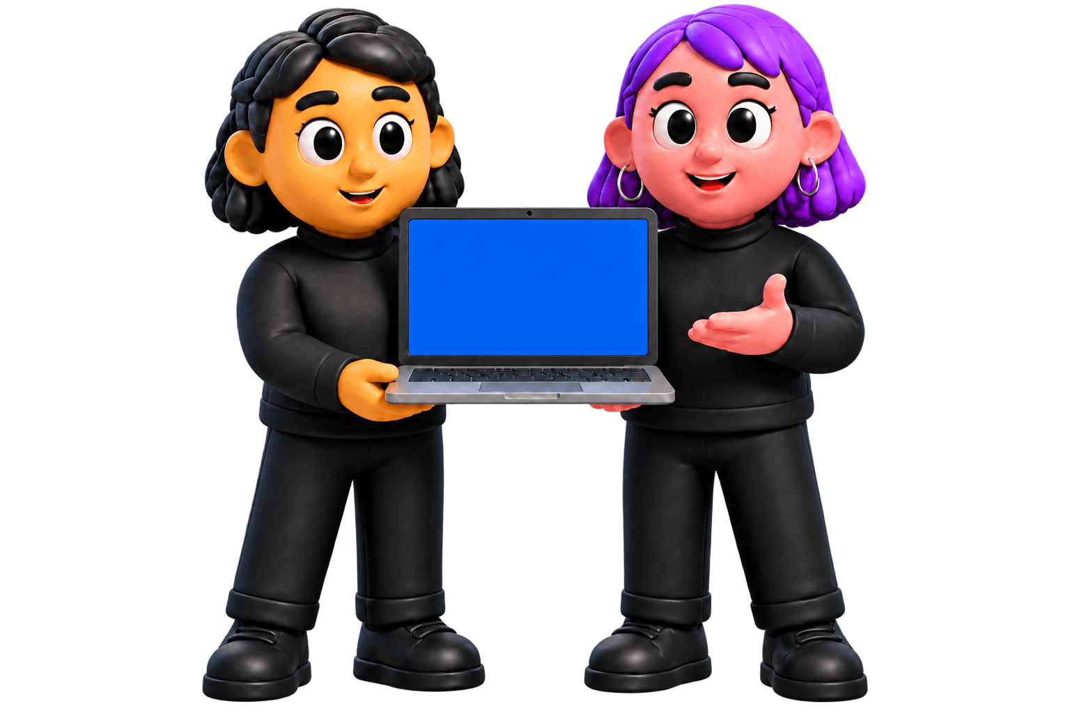 Two Kriqy characters presenting a laptop